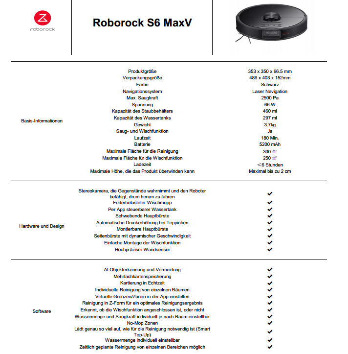 Roborock S6 MaxV Specs