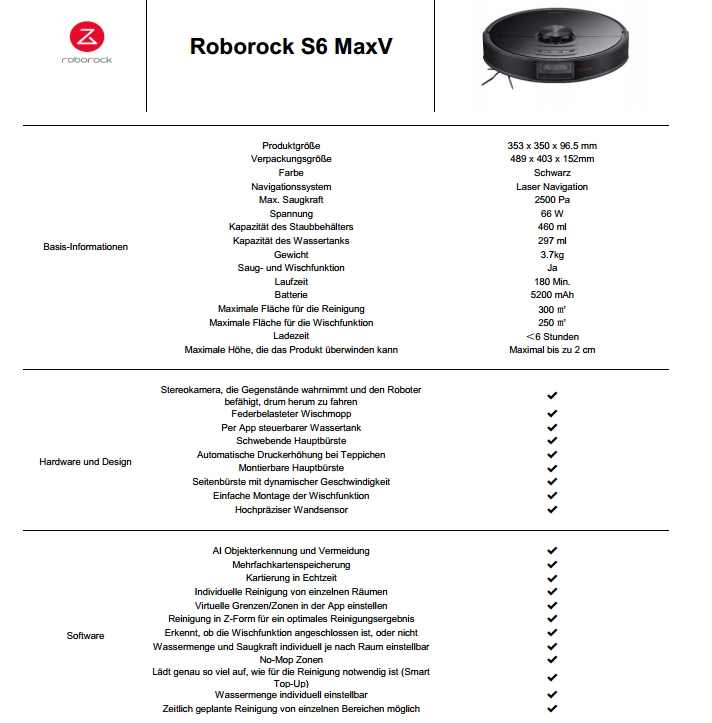 Roborock S6 MaxV Specs