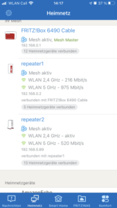 Auflistung FritzBox und Repeater im Mesh