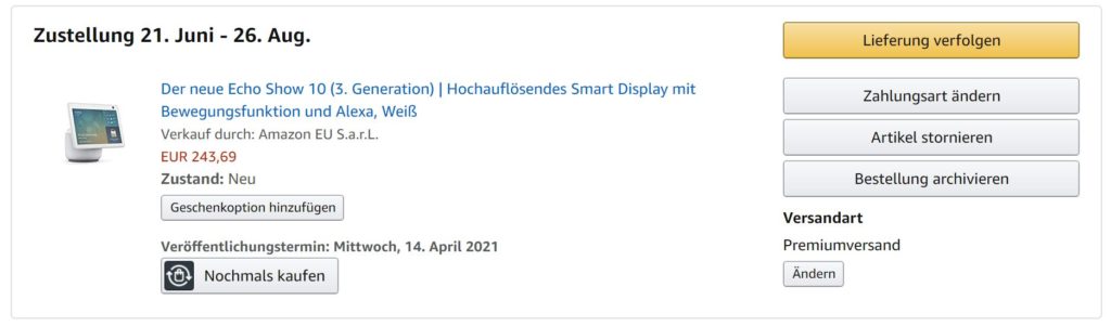 Echo Show 10 Zustellung Juni - August