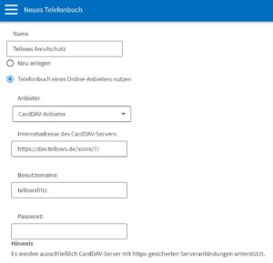 Tellows CardDav Anbieter wählen