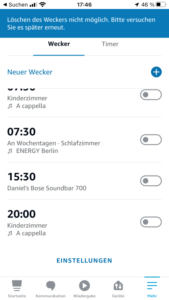Alexa App - Wecker löschen nicht möglich Fehlermeldung