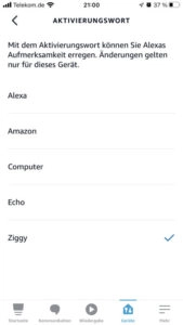 Aktivierungswort Amazon Alexa - Ziggy als Auswahlmöglichkeit