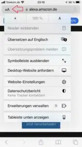 iPhone Alexa App Safari Desktop Webseite laden