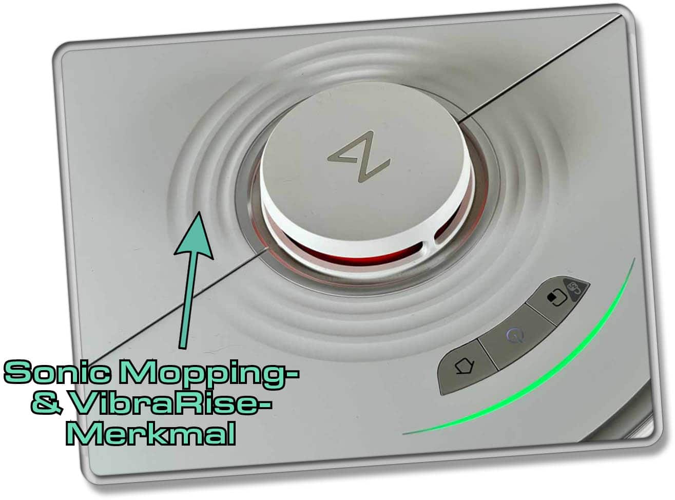 Die Schallwellen der neuartigen Wischfunktion des Roborock S7, sind auf der Oberseite ersichtlich. 