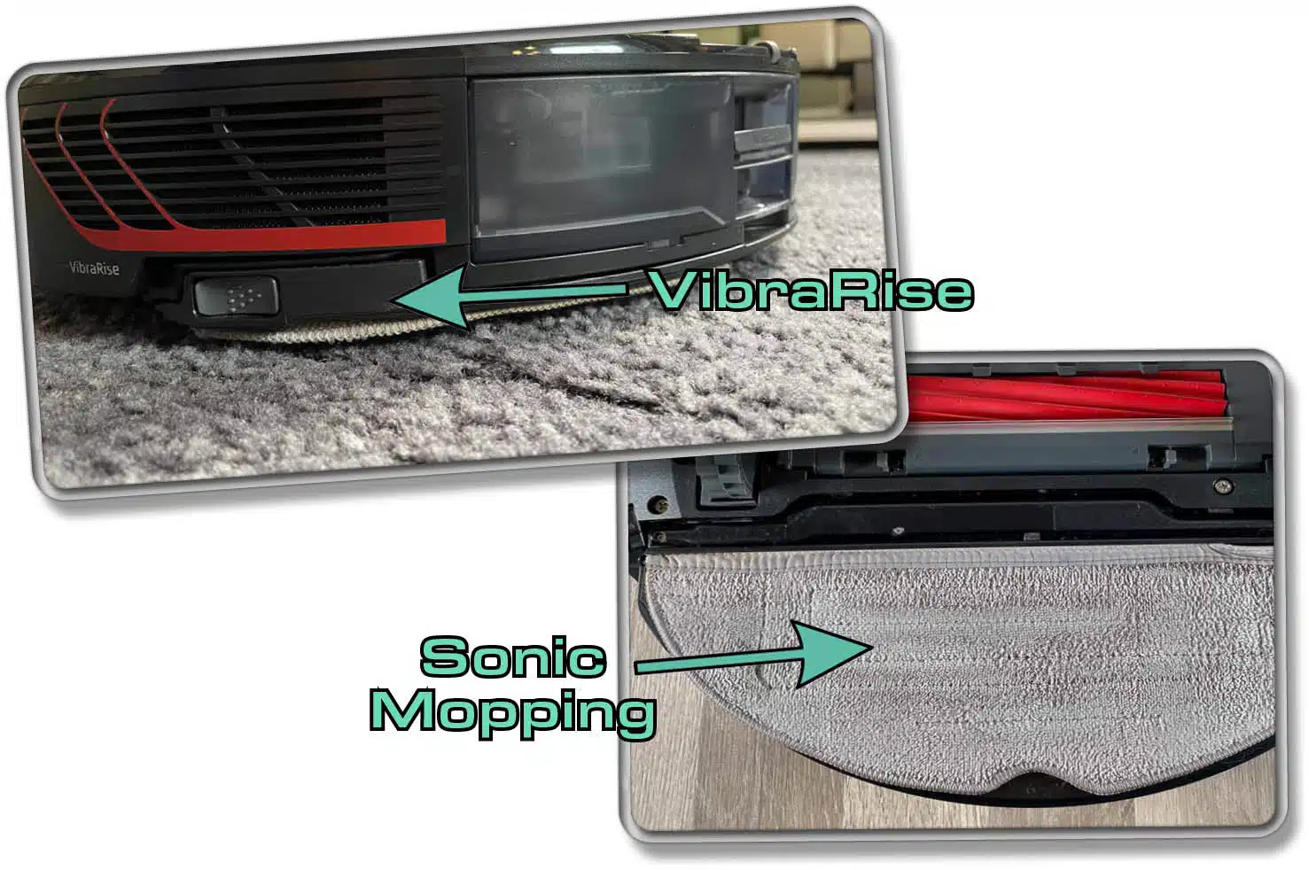 Das ist die Sonic Mopping und VibraRise Technologie des Roborock S7 MaxV Ultra. Er hebt das Wischpad über Teppich an. Beim Wischvorgang vibriert ein Modul auf der Wischplatte. 