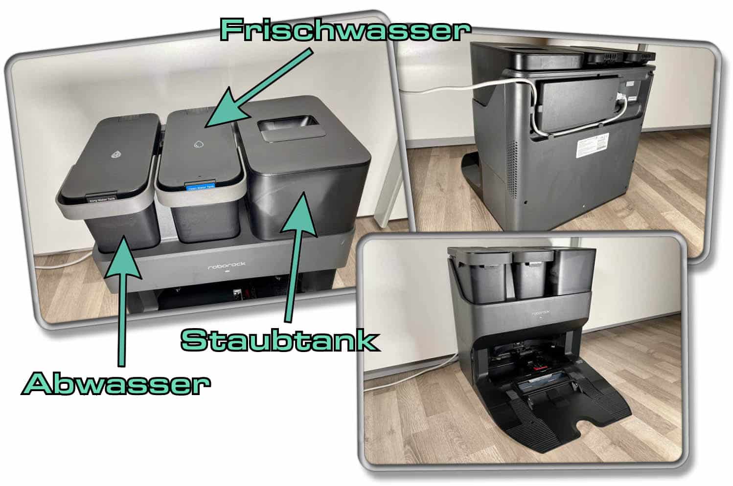 Das Empty Wash Fill Dock verfügt über einen Frischwasser- und einen Abwassertank. Daneben befindet sich zudem ein Staubbeutel, der für die Entleerung des Staubbehälters zuständig ist. 