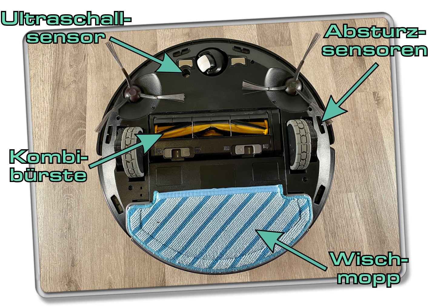 Die Unterseite des ECOVACS DEEBOT OZMO T8 AIVI unterscheidet sich kaum zu der des Vorgängers