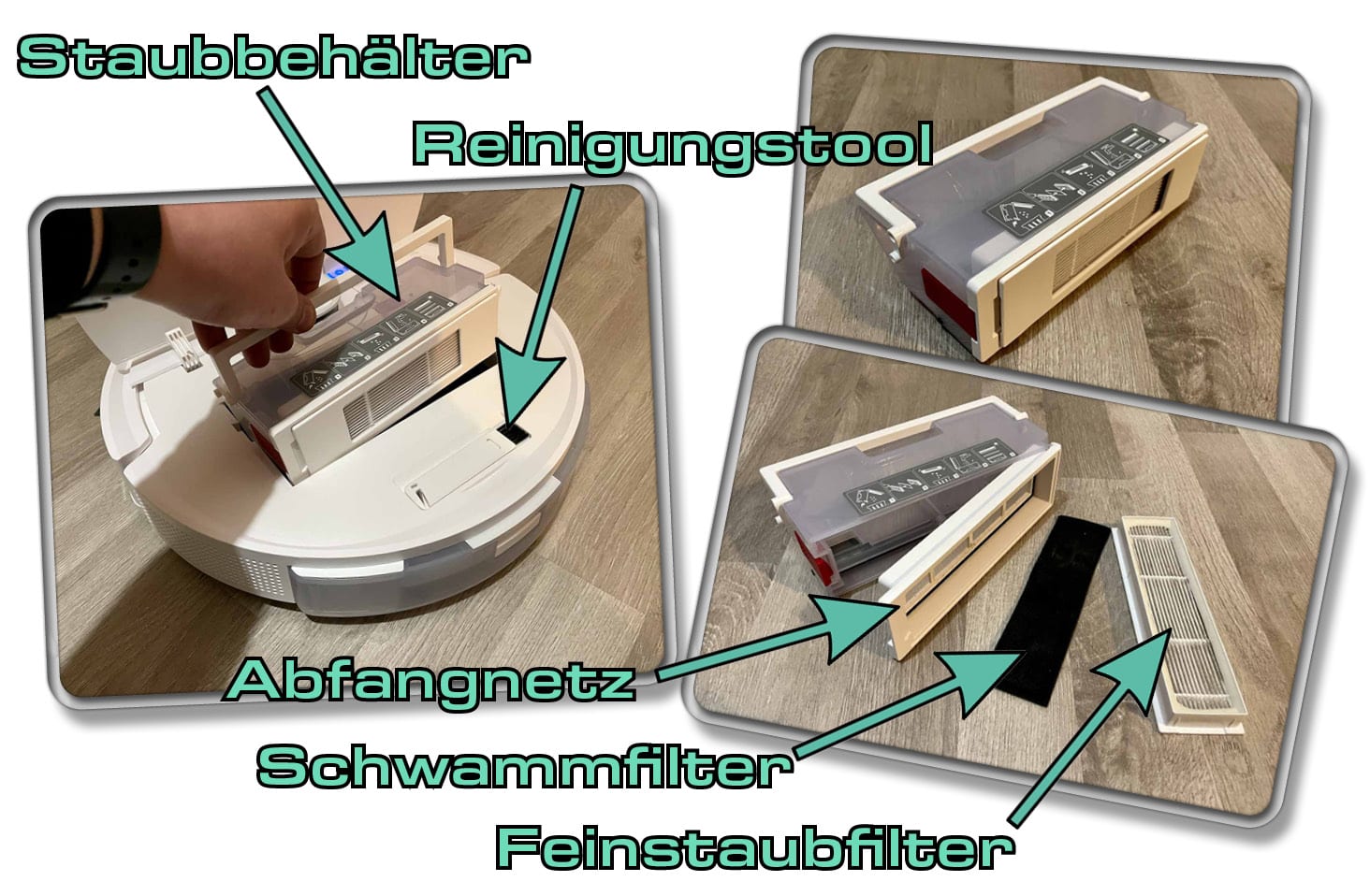 Unter der Haube des ECOVACS DEEBOT T9 befindet sich der Staubbehälter, sowie ein großer roter Schalter zum Ein- und Ausschalten des Geräts. 
