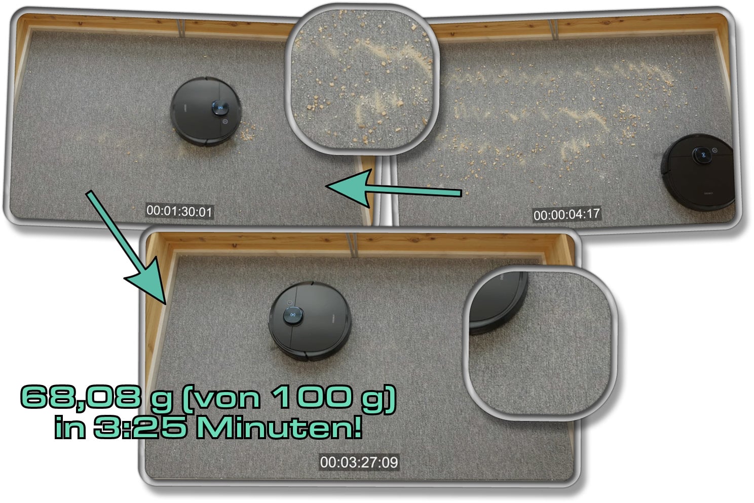 Die gemessene Saugleistung des ECOVACS Deebot T9 AIVI auf Teppichboden