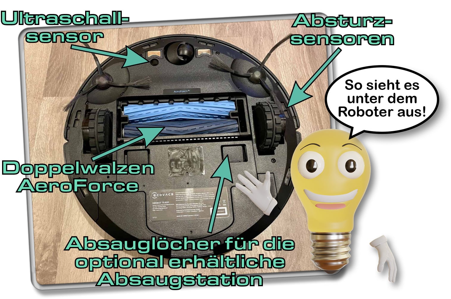 Auf der Unterseite des ECOVACS Deebot T9 AIVI springen einem sofort die Doppelwalzen ins Auge