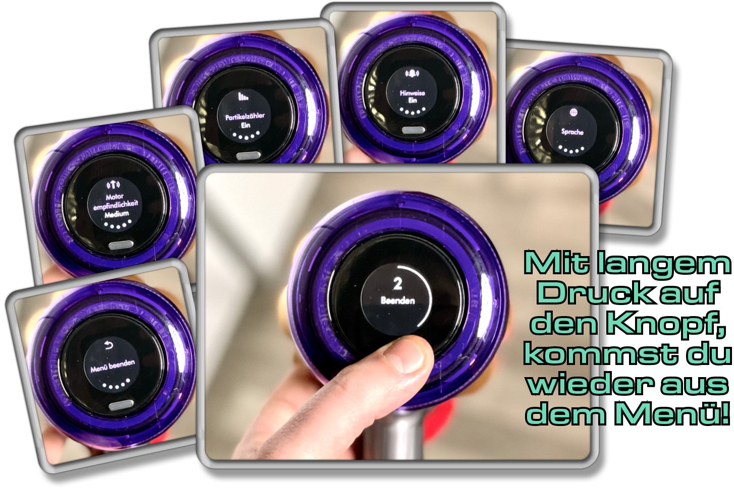 Durch einen langen Druck, gelangt man in das Menü des Dyson V12 Detect Slim Absolute+ 