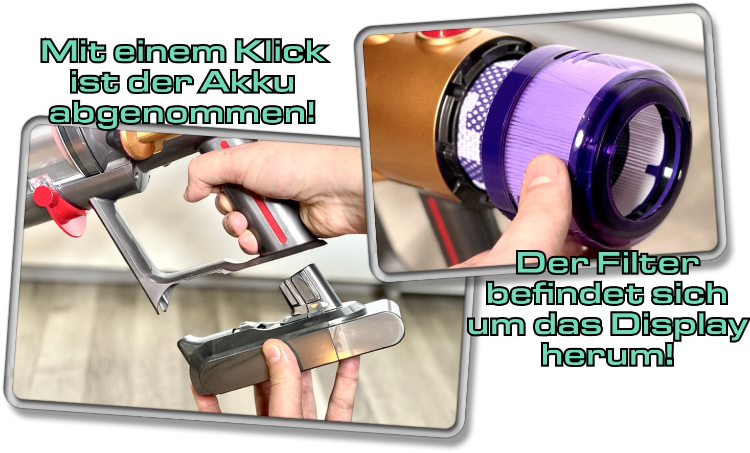 Akku, als auch Filter des Dyson V12 Detect Slim Absolute+, lässt sich schnell abnehmen. 