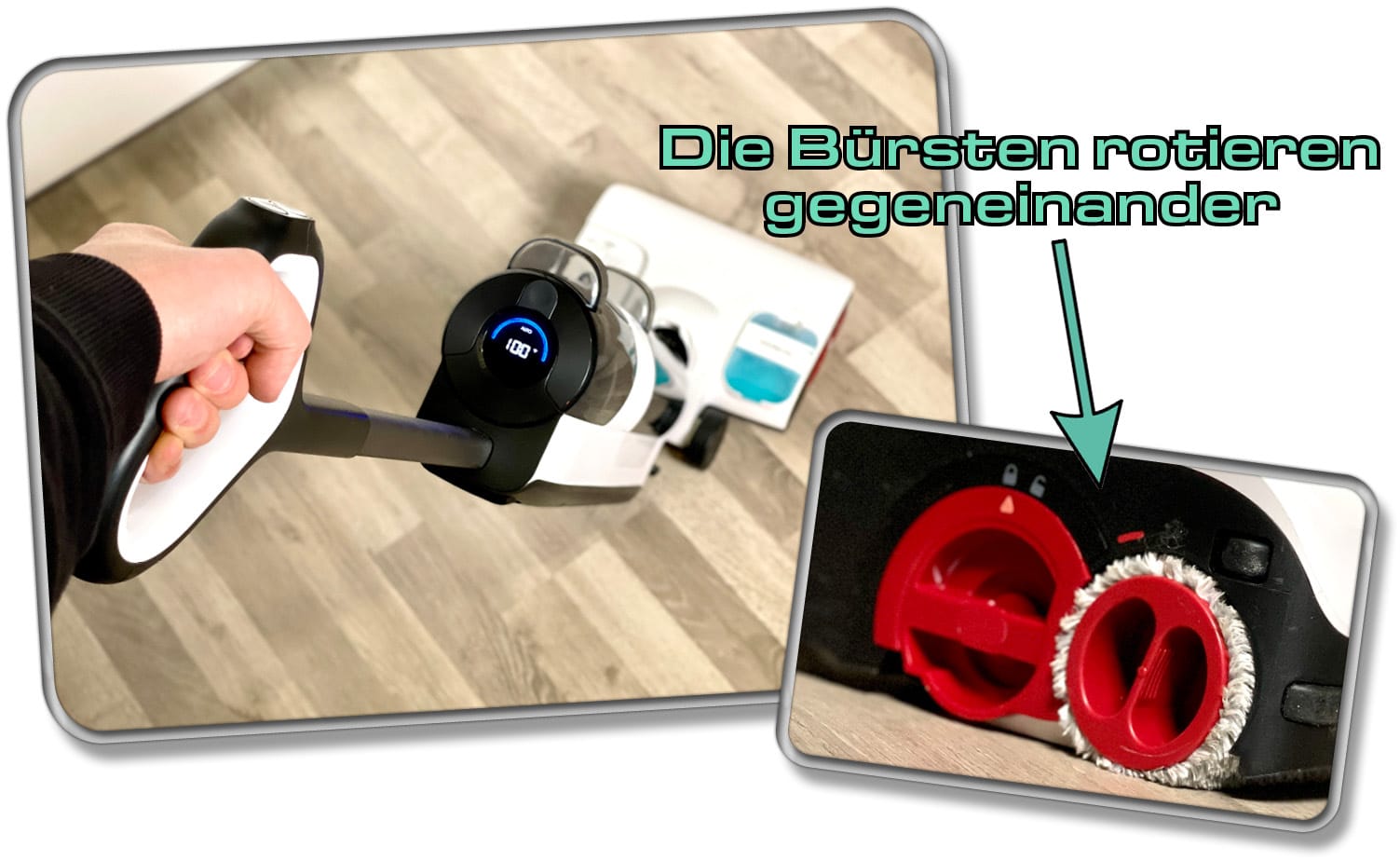 Zwei gegeneinander rotierende Bürsten erleichtern die Handhabung mit dem Roborock Dyad Pro erheblich. 