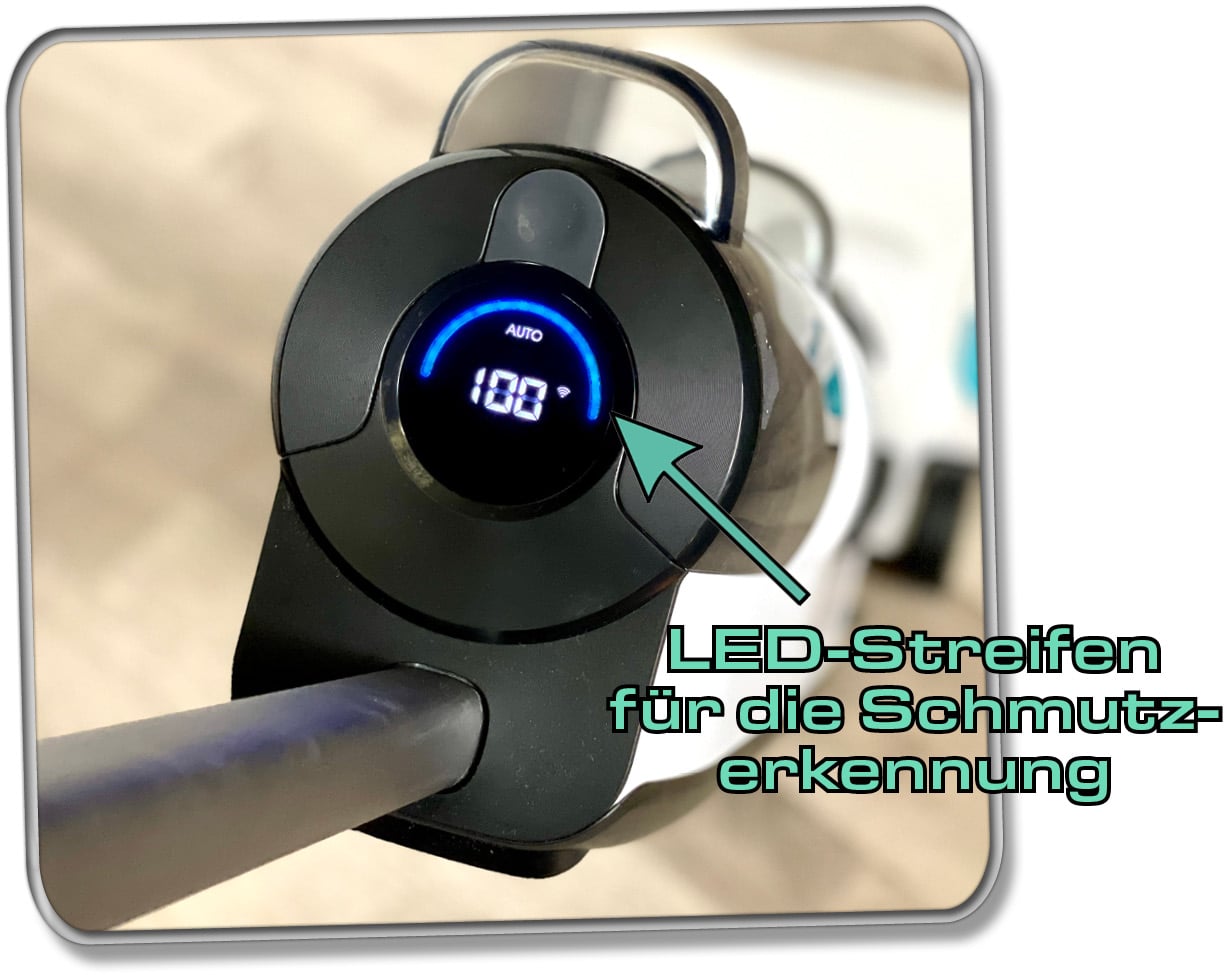 Das Display des Roborock Dyad Pro zeigt stets die wichtigsten Informationen an