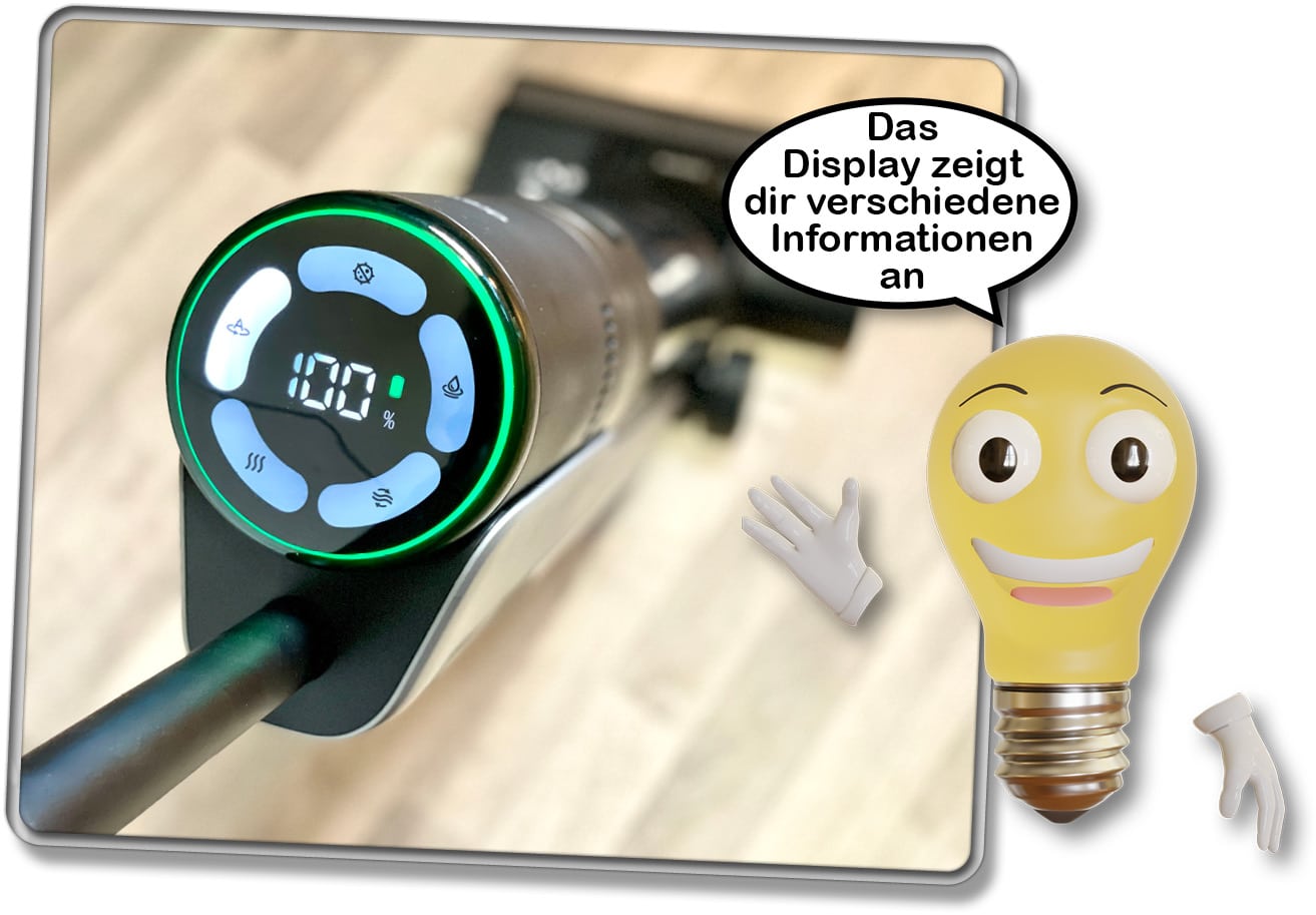 Der Wischsauger verfügt über ein großes und klares Display, verzichtet jedoch auf aufwendige Animationen