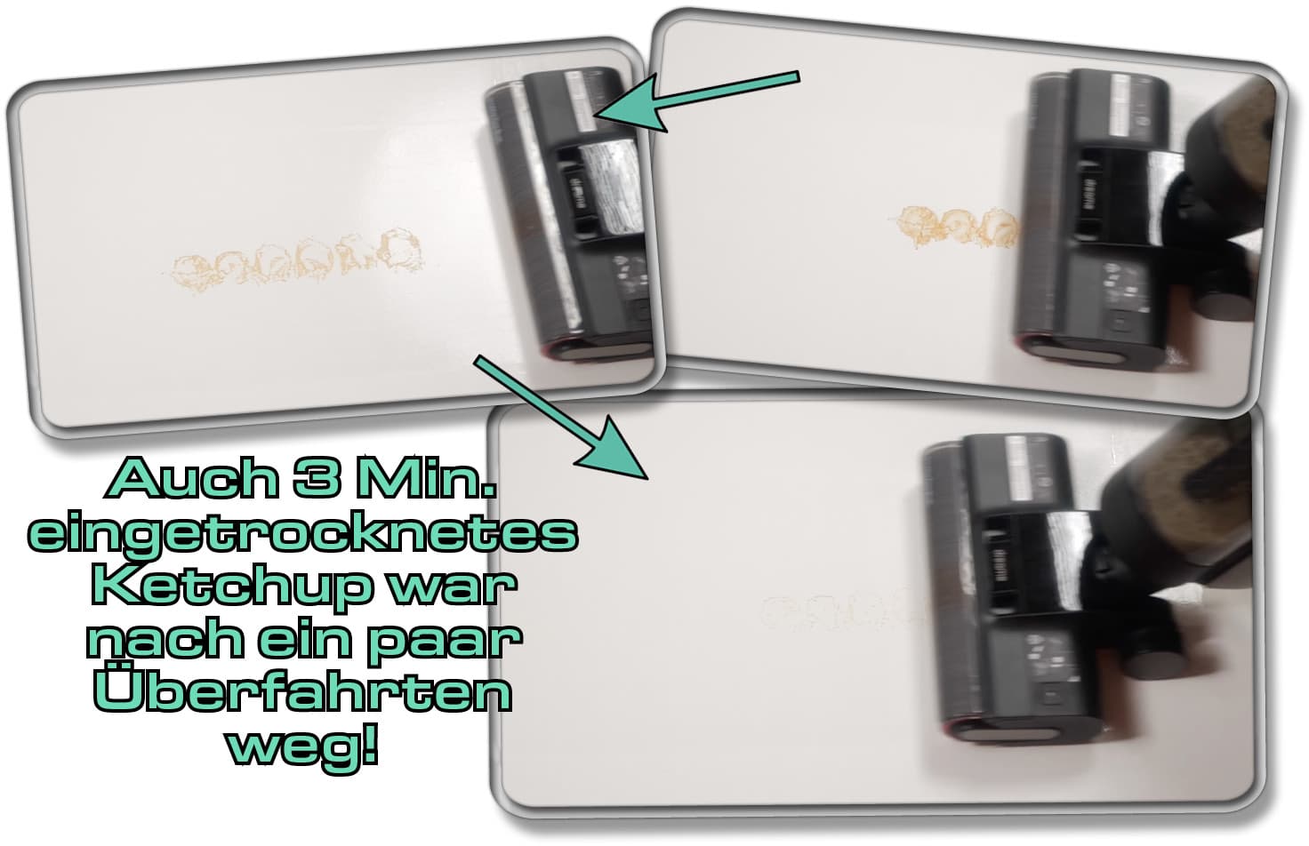 Eingetrocknete Flecken wie Ketchup ist schon eine größere Herausforderung für den Dreame H12 Pro Wischsauger. 