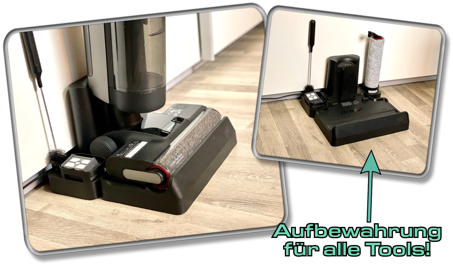 Die Ladestation des Dreame H12 Pro reinigt die Bodenbürste und trocknet sie sogar im Anschluss