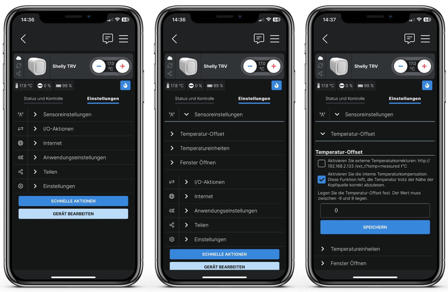 Shelly TRV - App - Thermostateinstellungen