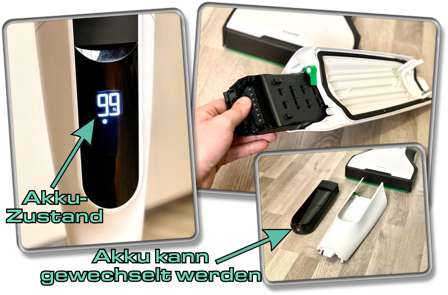 Der eingesetzte Akku des Kobold VK7 ist nicht nur wechselbar, sondern auch gleichzeitig das Display