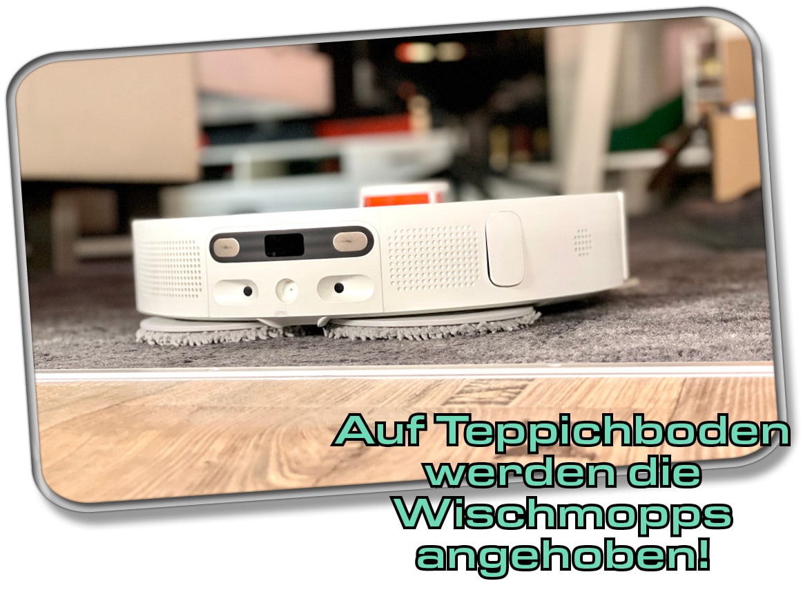 Über Teppichboden hebt der Xiaomi X10+ seine Wischmopps an