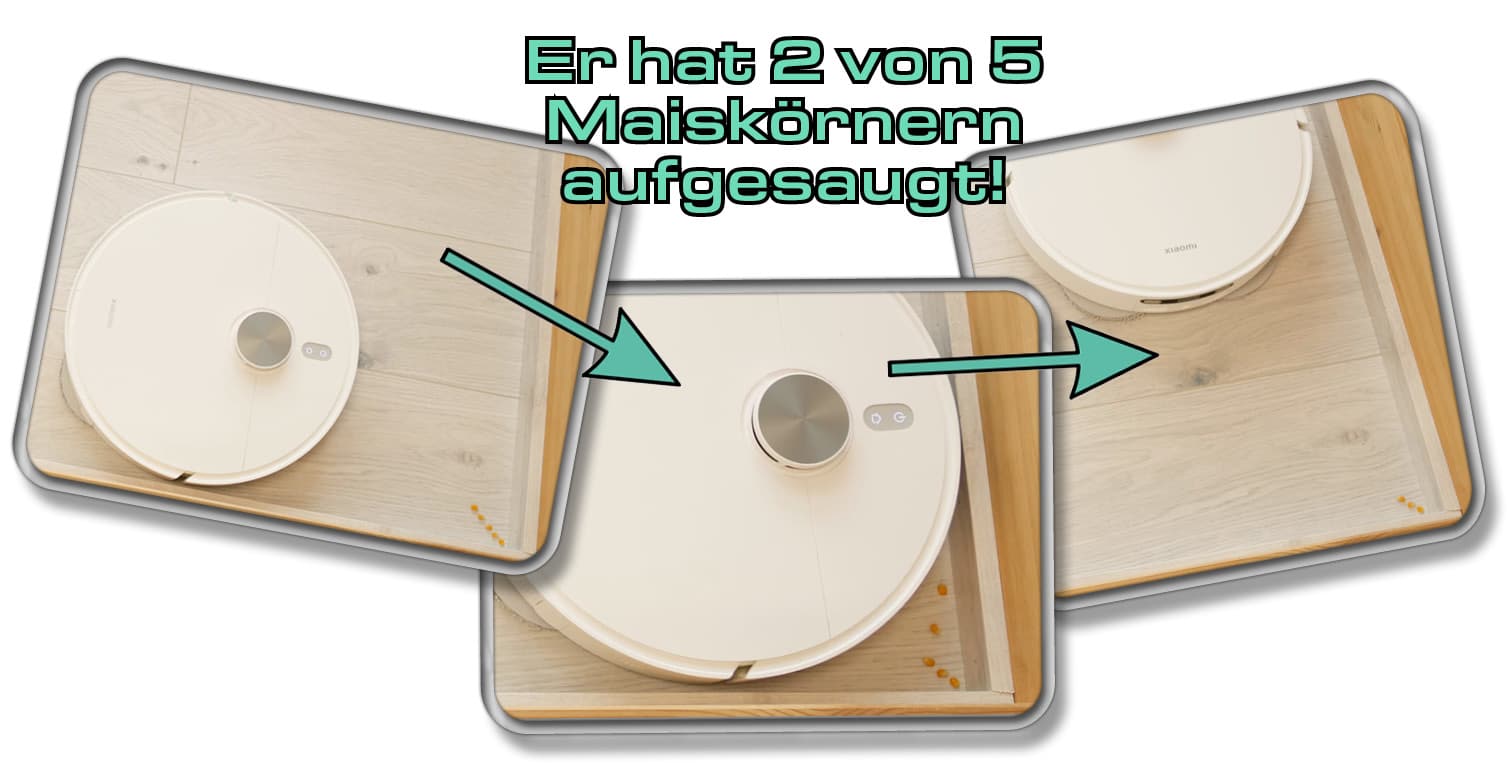 Im Test hat der Xiaomi X10+ lediglich zwei von fünf Maiskörnern aus einer Ecke saugen können