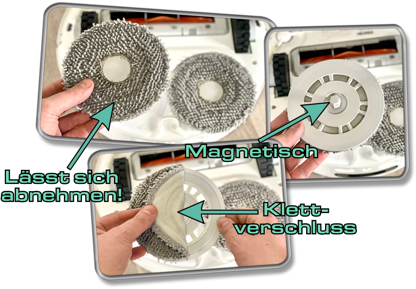 Die Wischmopps des Xiaomi X10+ kann man einfach abmachen