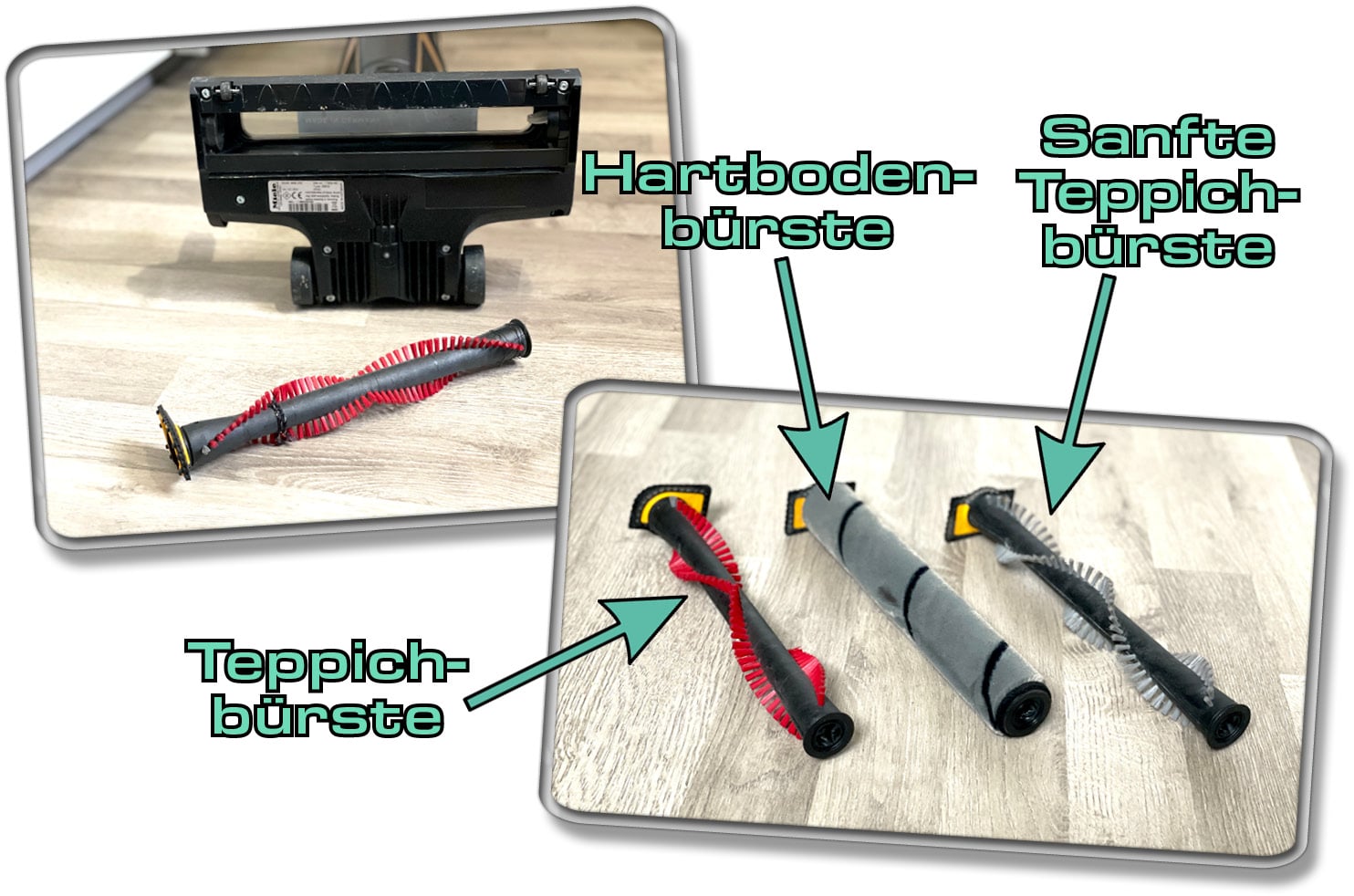 Drei verschiedene Bodenbürsten sind im Lieferumfang der Pro-Variante dabei