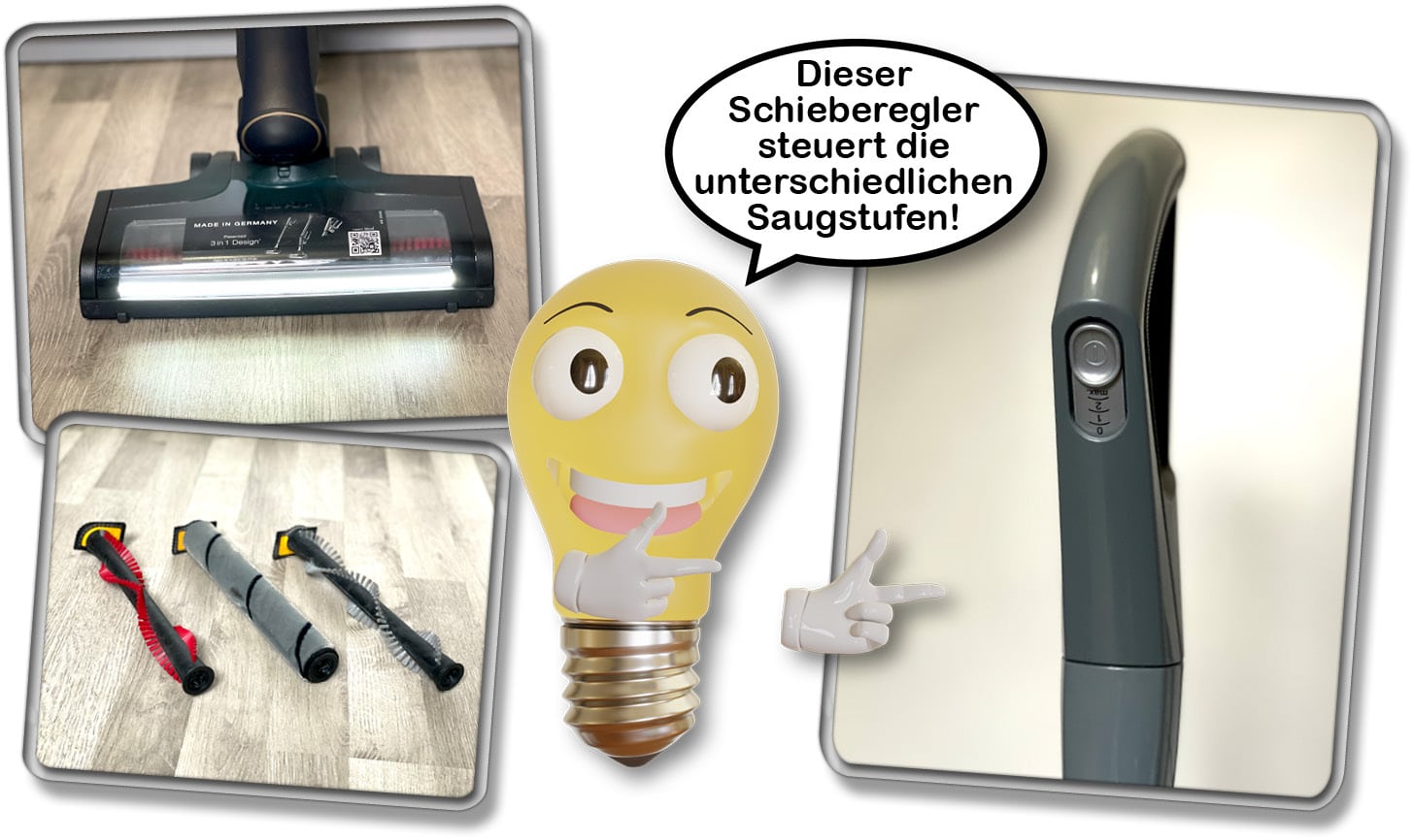 Über einen Schieberegler ist die Saugleistung steuerbar. Der Auto Modus verschnellert zudem die Bodenbürste in ihrer Rotation auf Teppichboden. 