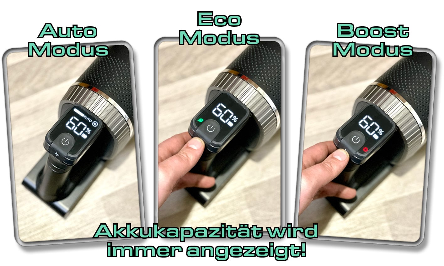 Das Display des Shark Stratos bietet drei einstellbare Modi. 