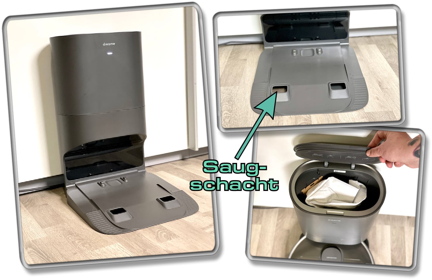 So sieht die mitgelieferte Absaugstation des Dreame D10s Plus aus. 