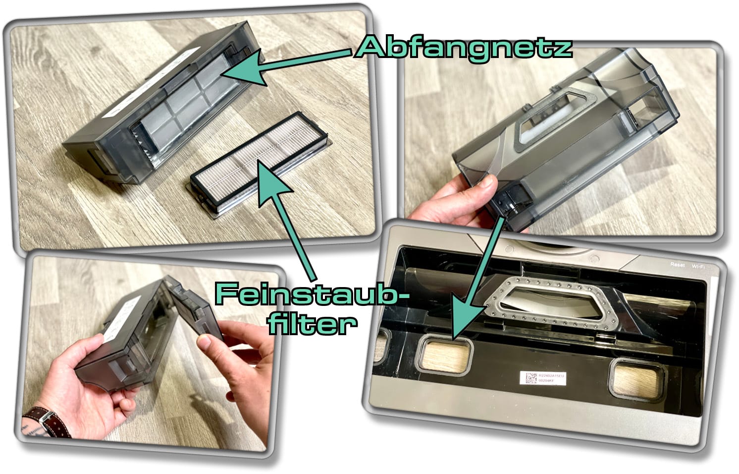 Der Staubbehälter ist mit 400 ml groß bemessen für einen Saugroboter mit Absaugstation. 