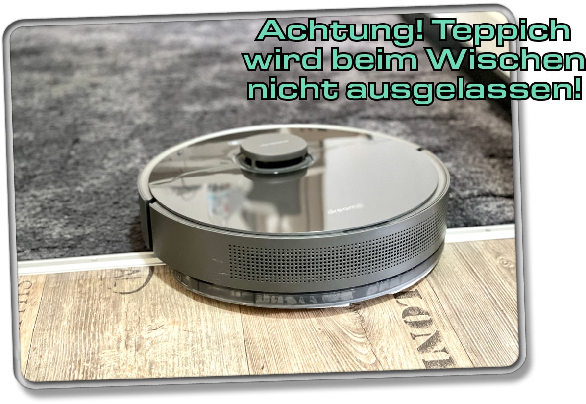 Der Dreame D10s Plus wischt über Teppich, wenn keine wischfreien Zonen angelegt sind. 