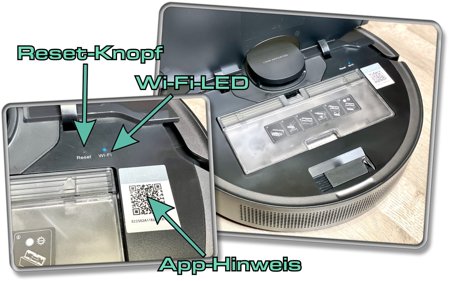 Unter der Haube des Dreame D10s Pro findet man nicht nur den Staubbehälter, sondern auch einen praktischen App-Hinweis. 