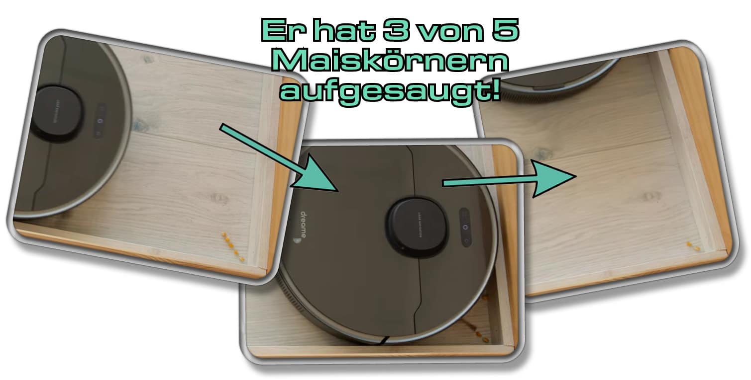 Der Dreame D10s Plus konnte im Test drei Maiskörner von fünf wieder aus einer Ecke aufsaugen. 