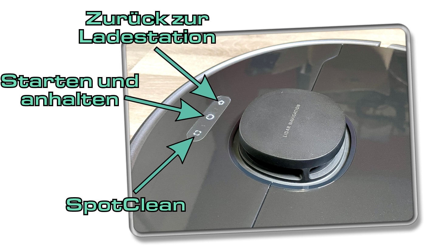 Über diese Tasten wird der Dreame D10s Pro manuell gesteuert. 