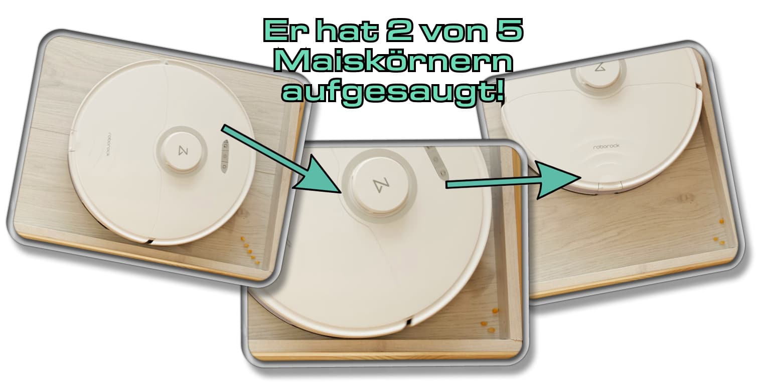In der Eckenreinigung konnte der Roborock S8 mit zwei von fünf aufgesaugten Maiskörnern nicht überzeugen
