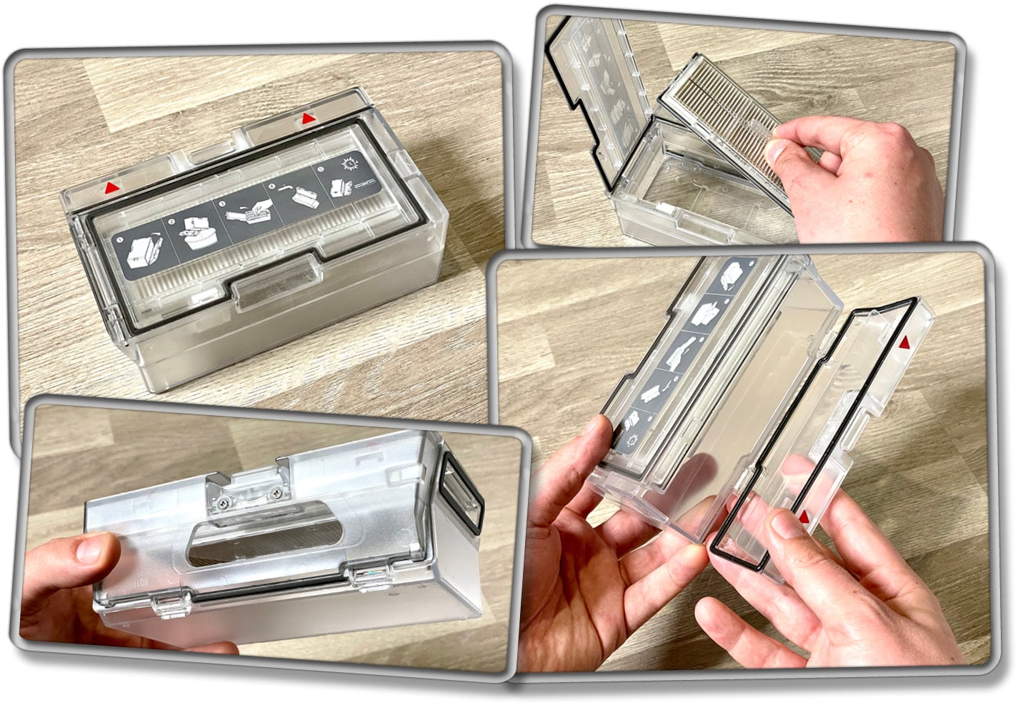 Der Staubbehälter ist vollständig transparent, aber einfach über eine Klappe zu entleeren