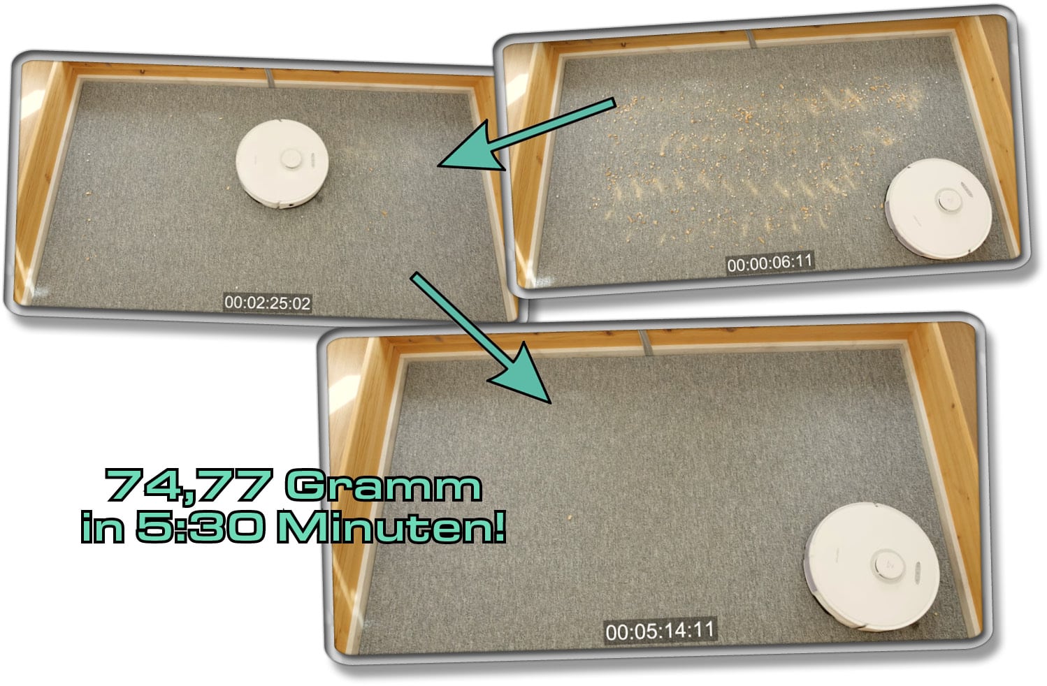 Die gemessene Saugleistung des Roborock S8 auf Teppichboden