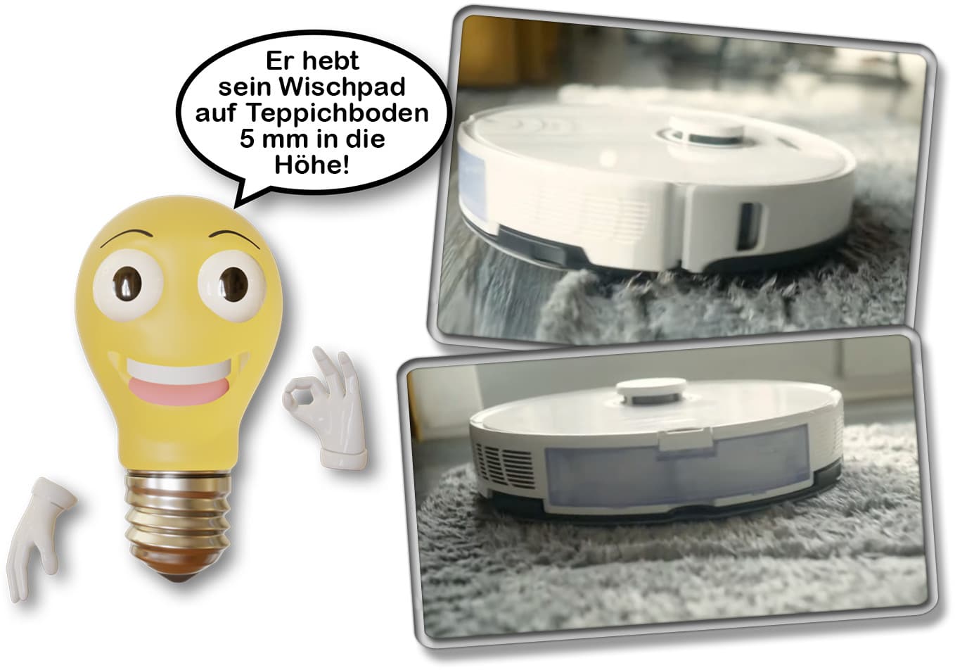 Auf Teppichboden hebt der Roborock S8 automatisch sein Wischtuch in die Höhe