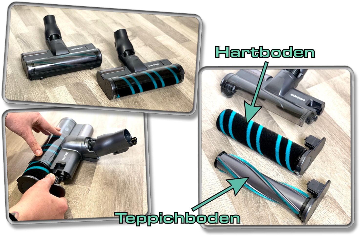 Im Lieferumfang des Samsung Jet 75 Complete befinden sich zwei Bodendüsen für den Einsatzzweck auf jedem erdenklichen Untergrund
