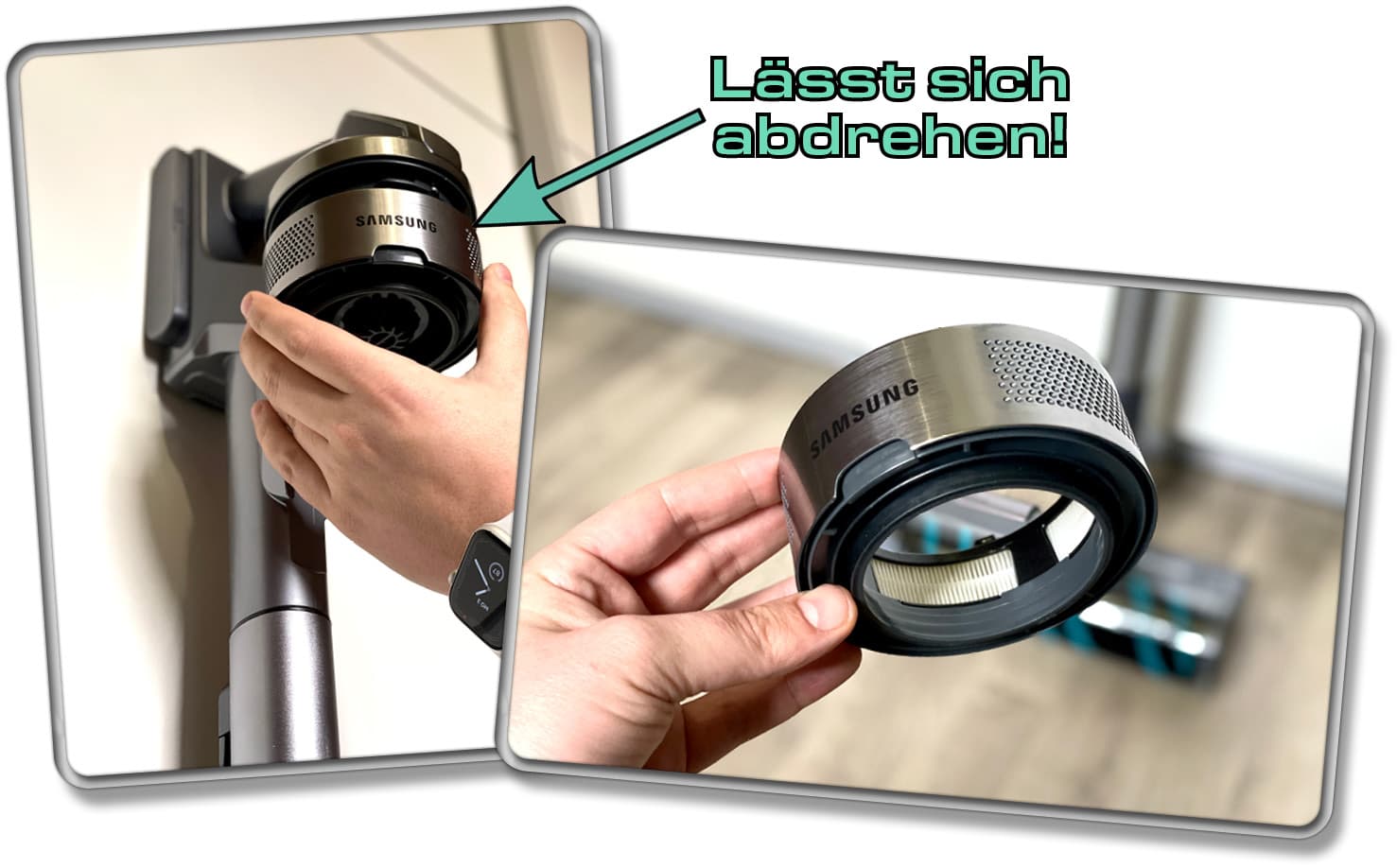 Über dem Staubtank versteckt sich ein HEPA-Filter