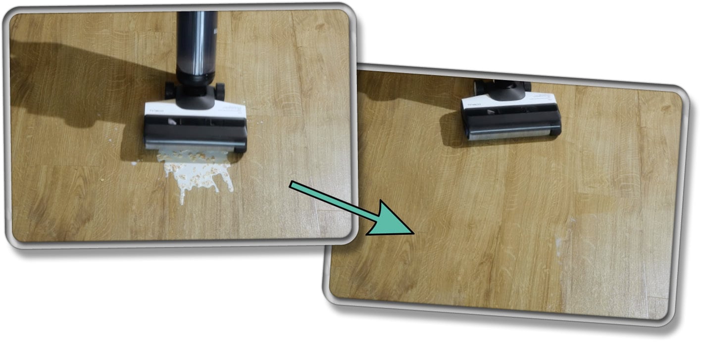 Mit nur einer Überfahrt hat der Tineco Floor One S5 Pro den Haferflocken-Milch-Mix beseitigt