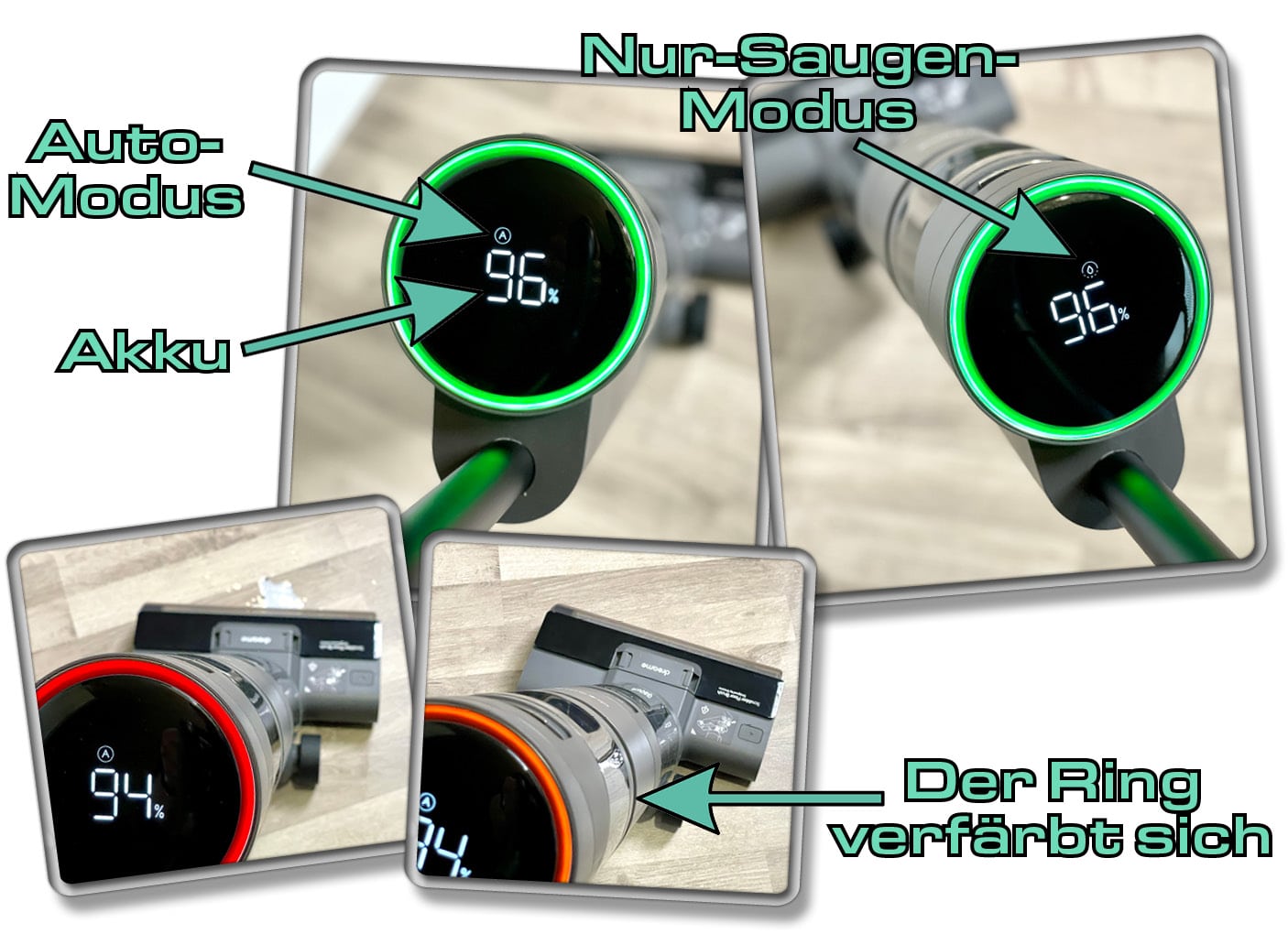Das Display des Dreame H12 ist einfach aufgebaut und zeigt immer die notwenigsten Informationen an