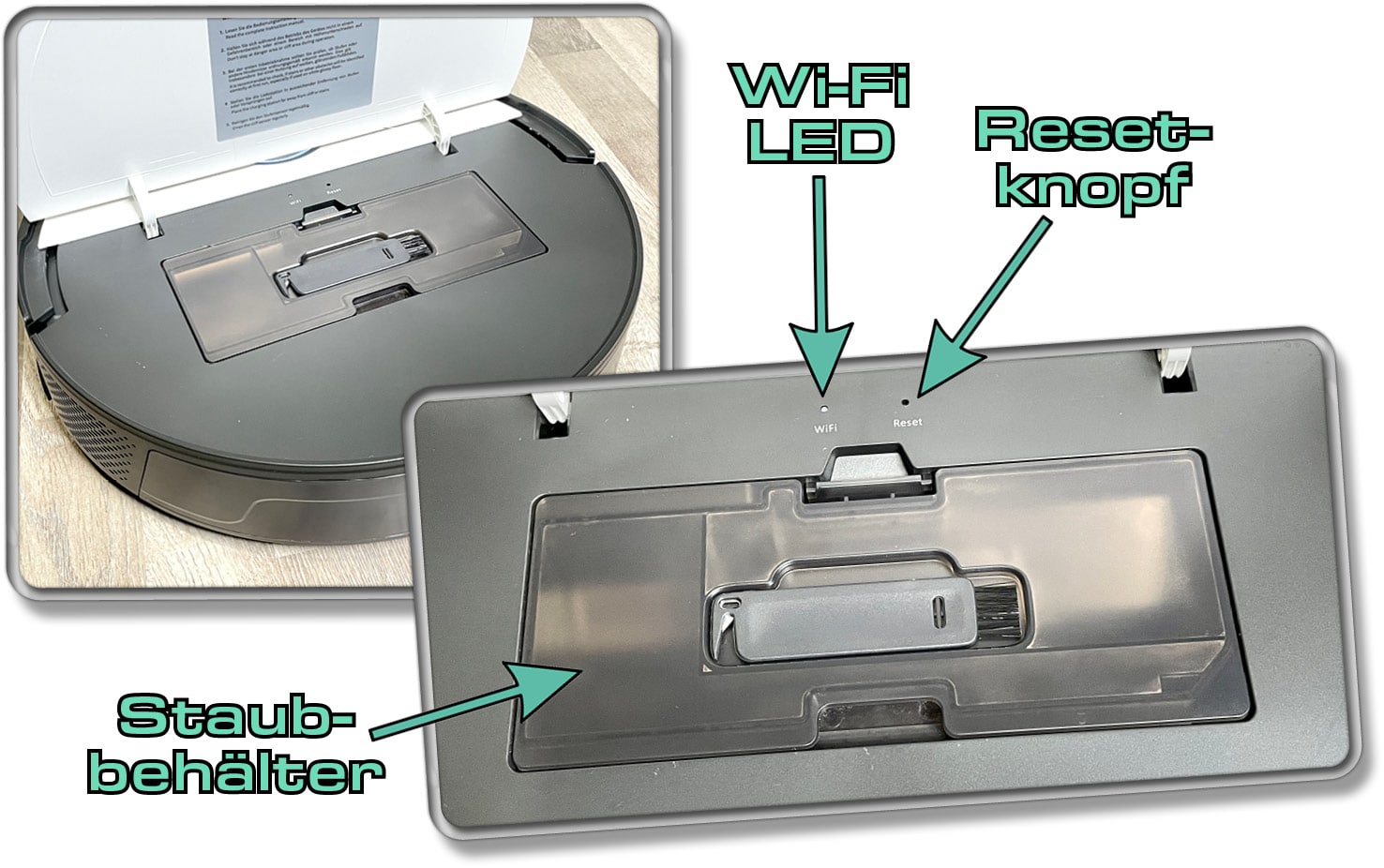Unter der Haube des MEDION X50 SW ist lediglich der Staubbehälter, eine WLAN Leuchte und ein Resetknopf versteckt. 