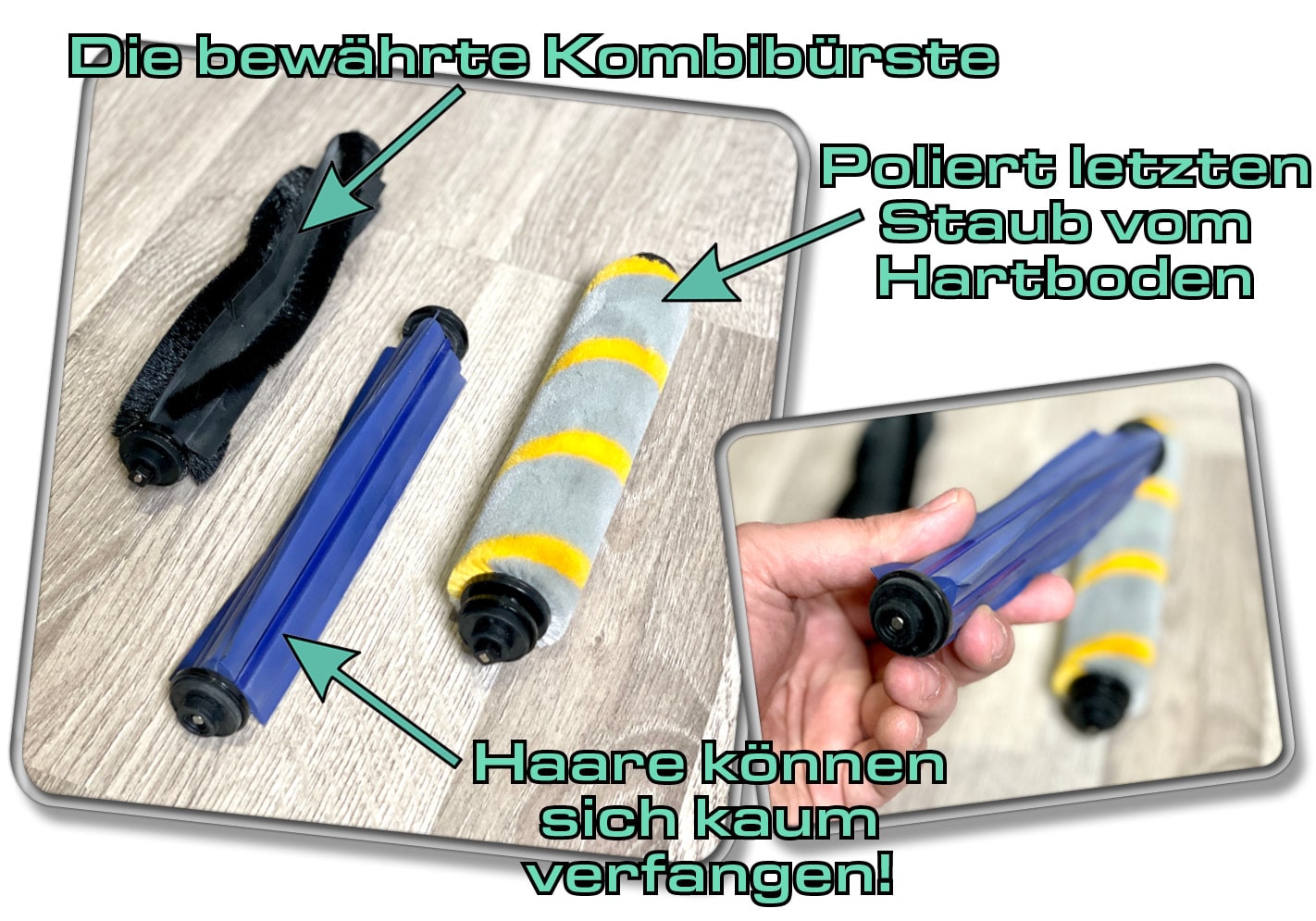 Jeder der drei mitgelieferten Bodenbürsten dient einem anderen Einsatzzweck