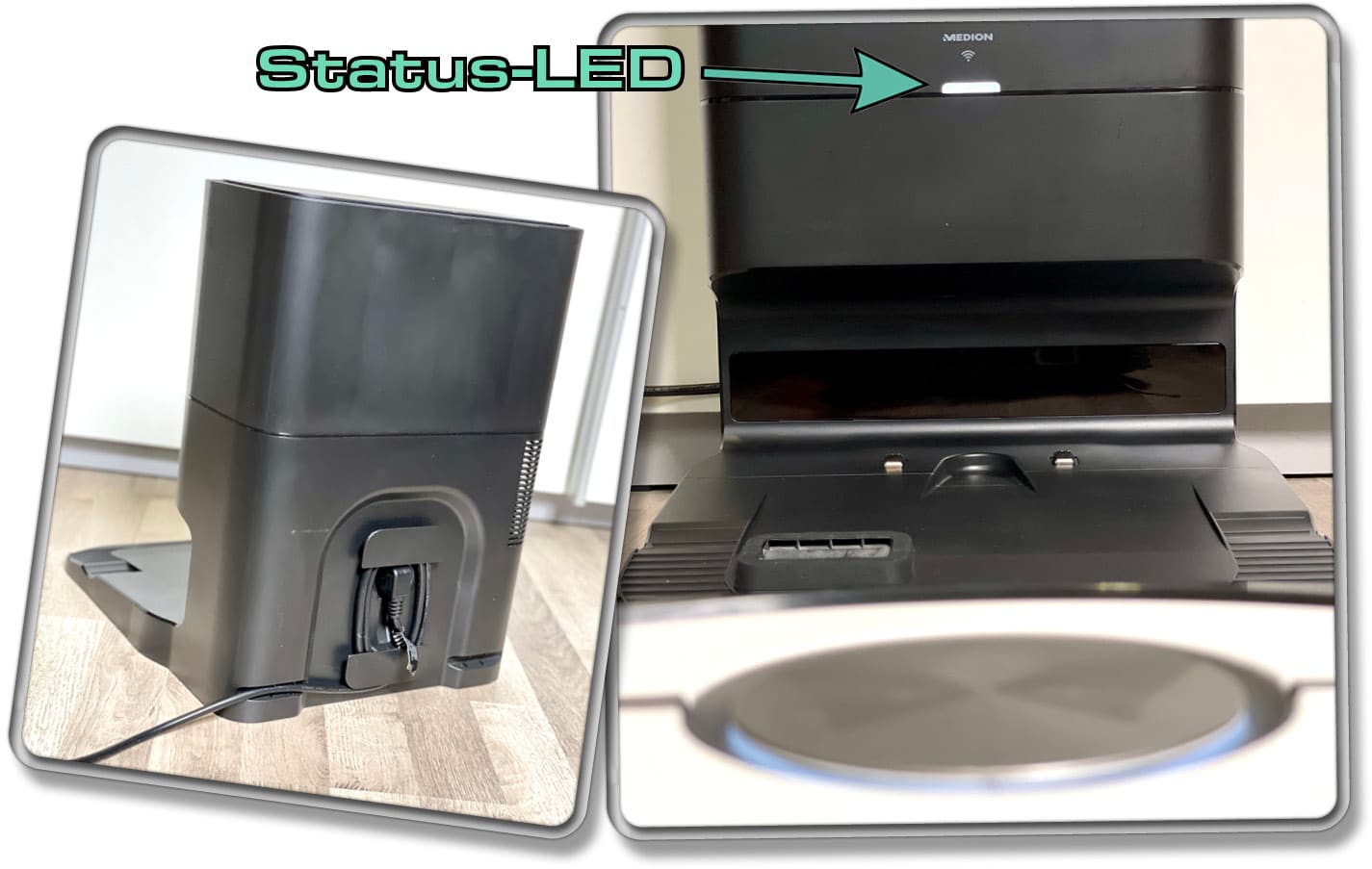 Auf der Rückseite der Absaugstation des MEDION X50 SW kann man überschüssiges Kabel verstauen. 