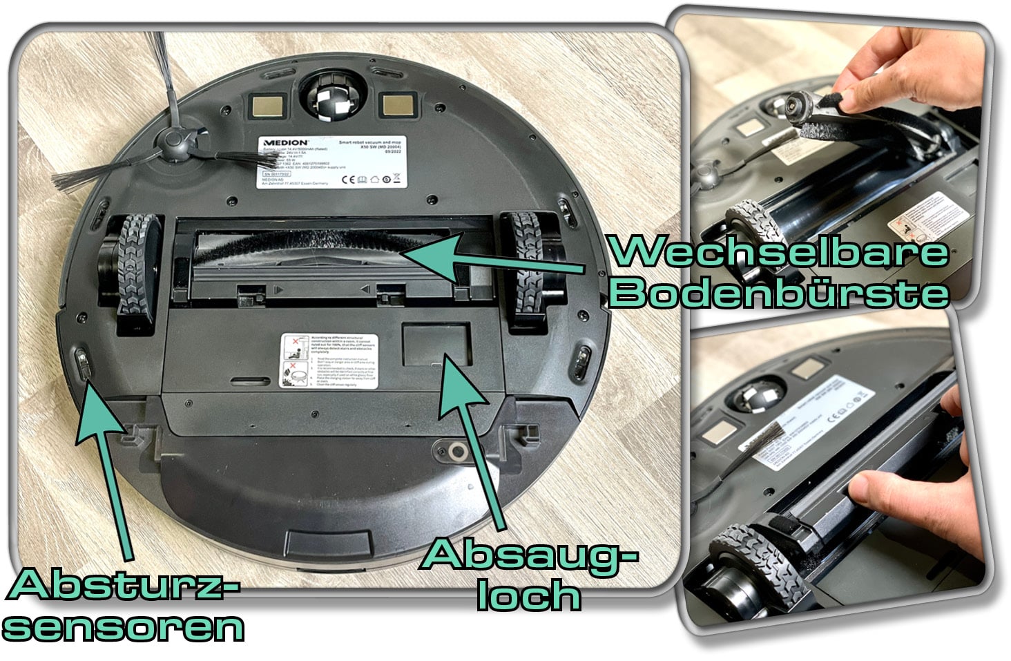Auf der Unterseite gibt es zahlreiche Sensoren und eine Bürstenaufhängung, die mit verschiedenen Bodenbürsten bestückt werden kann. 