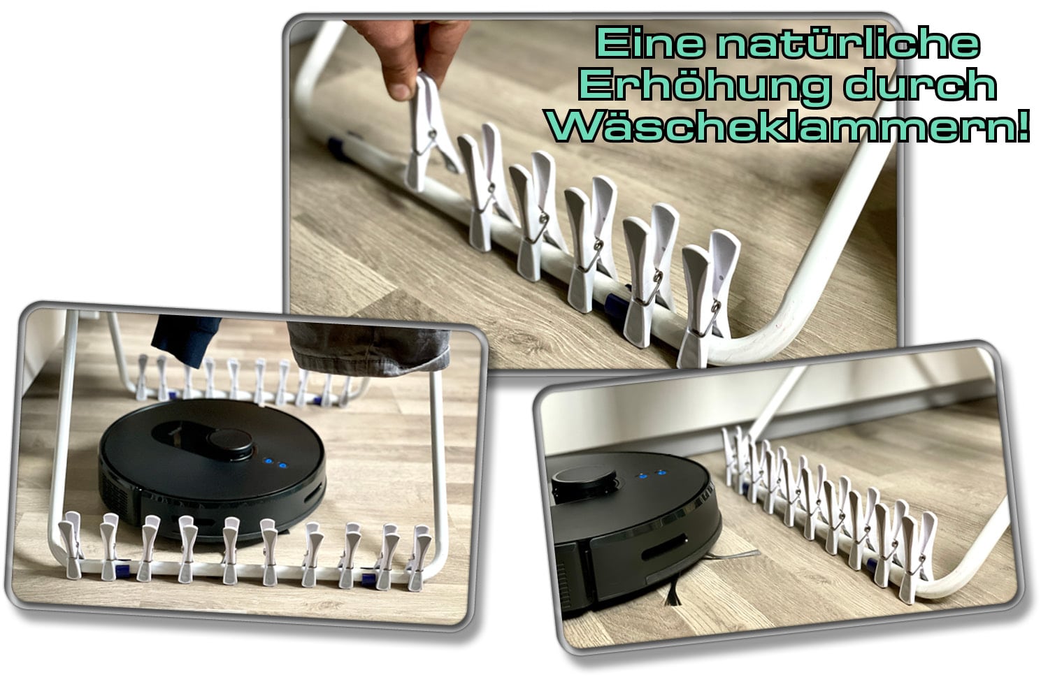 Saugroboter umfährt den Wäscheständer