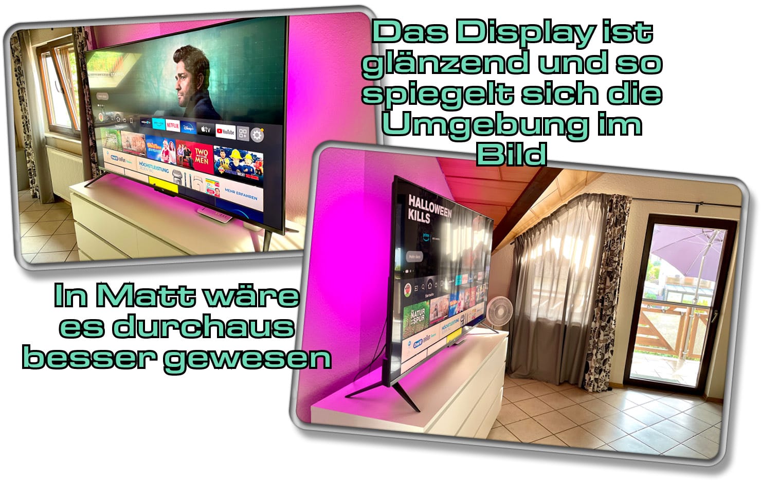 Amazon Fire TV Omni QLED 65-Zoll - Da das Display glänzt, spiegelt sich die Umgebung schnell wieder